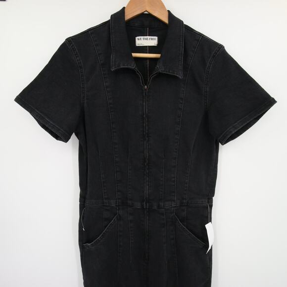 Free People We The Free Jayde Flare Jumpsuit Black Mamba NWT Denim Size L - Picture 3 of 12